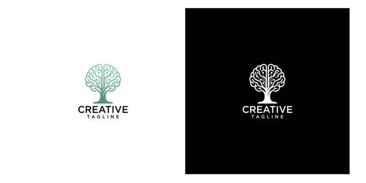 Minimalist brain tree logo design template representing mind growth, intelligence, psychology, and creative ideas