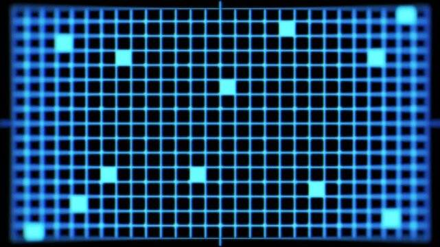 Glowing blue digital grid with randomly flickering pixel cells