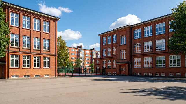 Two neighboring primary school buildings in a clean urban setting, schoolyards and residential blocks under a bright sky, generic architecture without signage, catholic school, primary