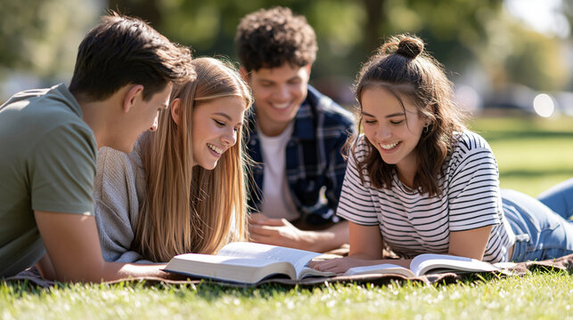 Christian friends reading and discussing the Bible together on a park blanket, open books and relaxed smiles in bright morning light, bible study, christian friends, park, faith, scripture,