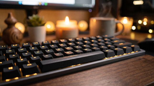 Close-Up Corner Shot of Spacebar Key on Minimalist Mechanical Keyboard with Soft Candlelight Bokeh