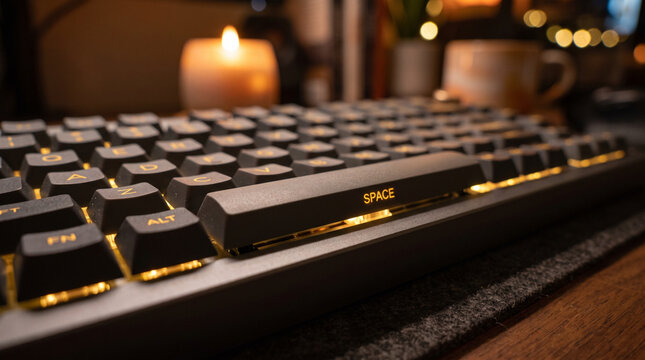Close-Up Corner Shot of Spacebar Key on Minimalist Mechanical Keyboard with Soft Candlelight Bokeh