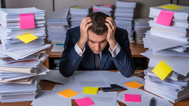 Overwhelmed businessman surrounded by paperwork and office documents