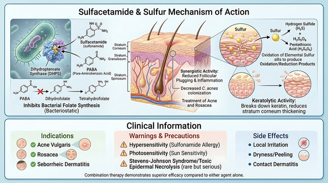 Sulfacetamide-Sulfur Combination Mechanism Antibacterial and Keratolytic Action for Acne and Rosacea
