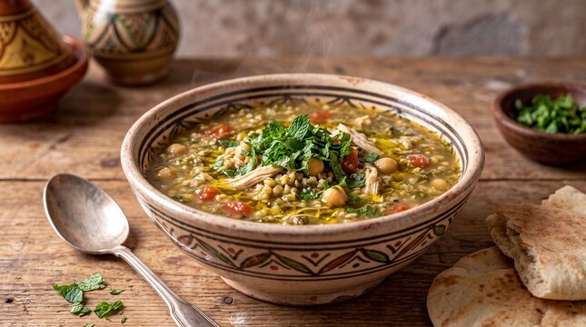 Authentic Libyan Sharba Libiya Soup with Chicken Barley and Mint in Ceramic Bowl