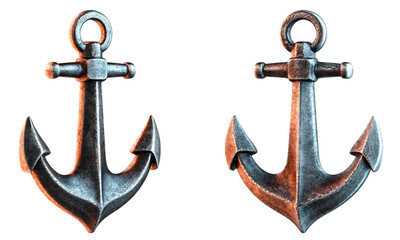Nautical anchor, maritime symbol, vintage metal emblem design, realistic 3D illustration of two heavy anchors with aged metallic texture. Sailing, marine navigation, seafaring, heraldic decoration © A-Quantix