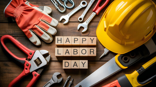 Happy labor day celebration with tools and hard hat