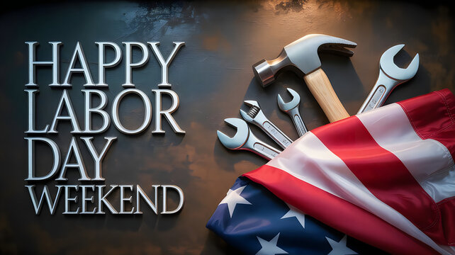 Happy labor day weekend celebration with tools and hard hat
