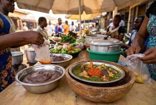 Traditional Nigerian Street Food Stall Serving Amala and Ewedu Jute Leaf Soup with Stew