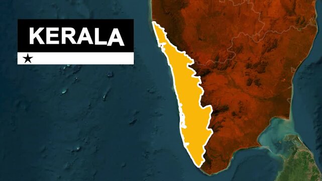 Kerala State Map Highlighted on Satellite Map of India, Kerala India State Location Map with Satellite Background, Kerala Geographic Map Highlighted in Yellow