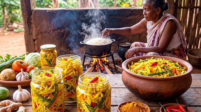 Traditional Preparation of Malagasy Achards Pickled Vegetables in a Rustic Madagascar Kitchen Setting