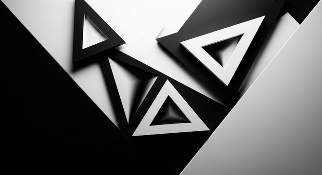 Abstract composition of black and white triangles on a surface.