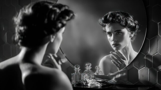 Woman reflects in mirror black and white portrait in interior setting