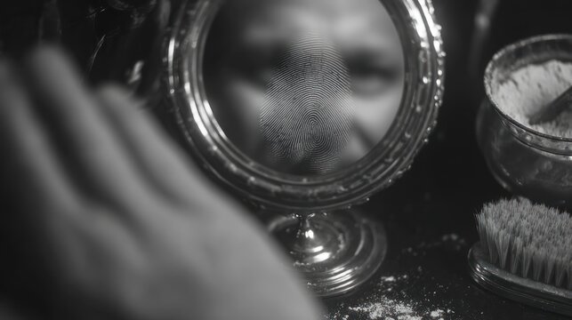 Black and white image reflective portrait in antique mirror