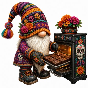 A colorful gnome wearing Day of the Dead-themed clothes bakes brownies in a decorated oven adorned with sugar skulls and vibrant flowers.