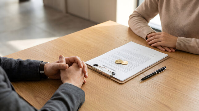 Two individuals seated at wooden table discussing financial document with clipboard, pen, and coins in softly lit office environment suggesting negotiation or contractual agreement