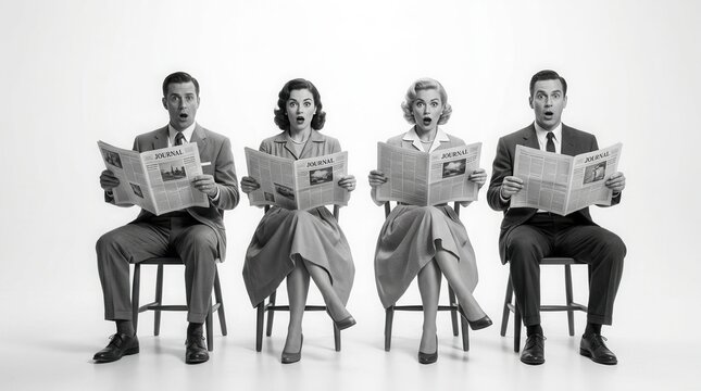 Group of four people in retro-style clothes sitting on chairs and reading newspapers and journals with shocked faces on white background.
