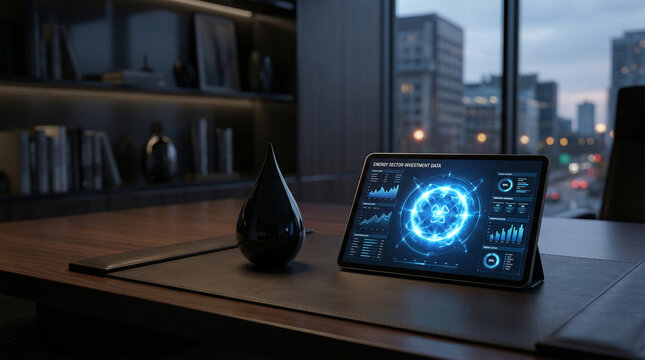 Dark corporate desk with oil paperweight and glowing nuclear energy tablet.