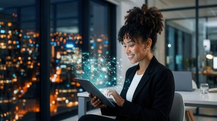 Fototapeta premium African American woman in a workplace using a tablet to explore digital business and interaction through social platforms and the web for online networking and emailing.
