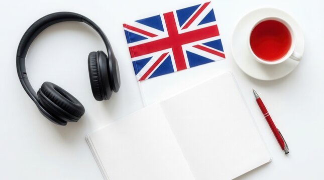 English language audio courses educational concept with notepad, British flag, and headphones on white background