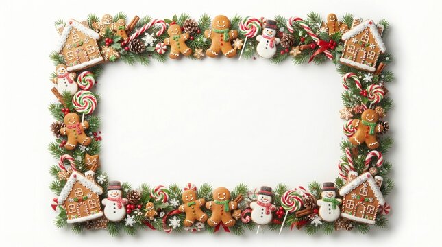 Festive christmas border frame featuring delicious gingerbread men cookies colorful peppermint lollipops sweet snowman treats and lush green pine branches on a clean white background