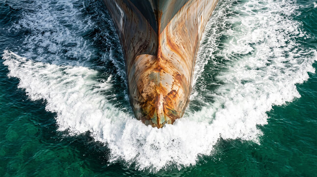 Massive rugged ship bulbous bow breaking green ocean