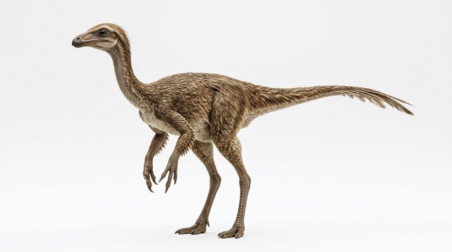 Harpymimus dinosaur model with primitive beak and long arms, ostrich-like theropod from the Early Cretaceous period standing in a prehistoric habitat