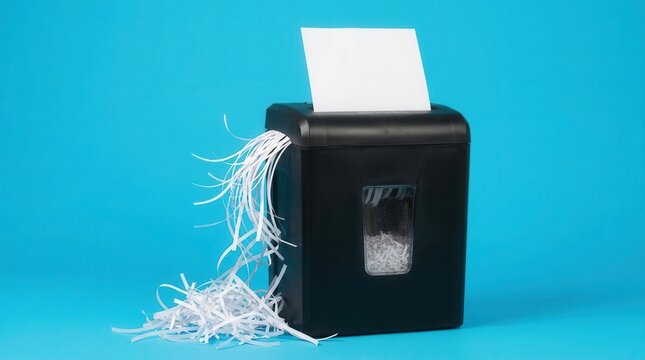 Office paper shredder on blue studio background