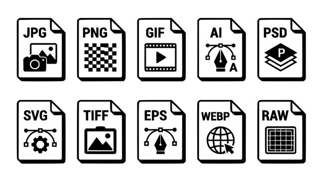 File format icons set with flat design featuring PNG, JPEG, PDF, SVG, GIF, PSD, AI, EPS, TIFF, BMP with modern style and clean lines