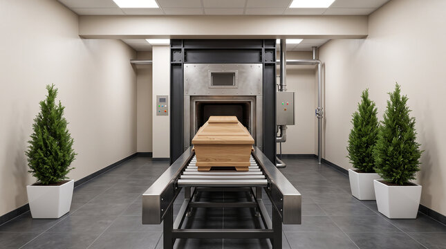 A light wood coffin loaded on a mechanized roller track system, entering a modern cremation furnace chamber inside a crematorium room decorated with potted evergreen trees.