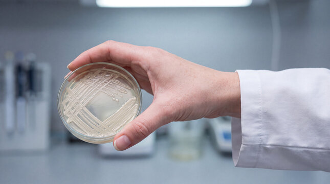 Scientist Holding Candida Auris Culture Plate in Laboratory