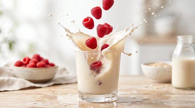 Raspberries Dropping into Oat Milk Splash