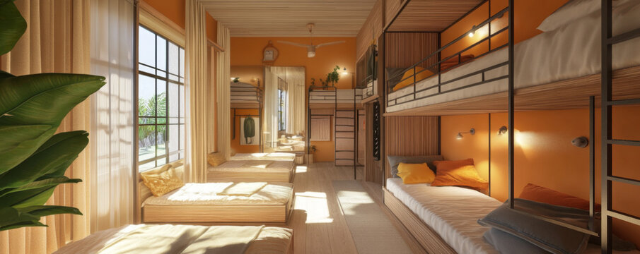 Cozy Family-Friendly Hostel Room with Bunk Beds and Orange Accents