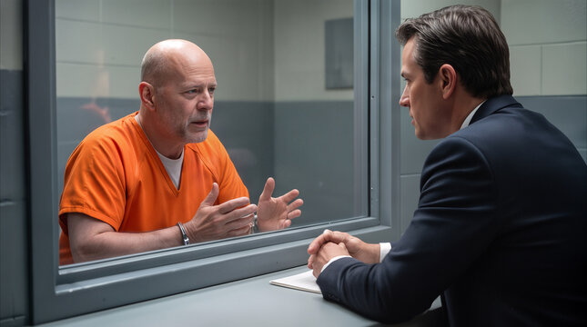 Inmate talking to lawyer during visitation in high-security prison. Legal consultation and defense strategy discussion between prisoner and attorney.