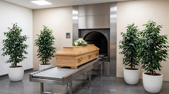 coffin, crematorium, cremation, furnace, casket, funeral, death, chamber, service, ritual, wooden coffin, cremator, mortuary, memorial, interior, evergreen, plant, roller track.