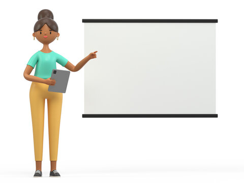 Presenting with tablet, pointing to screen, interactive session