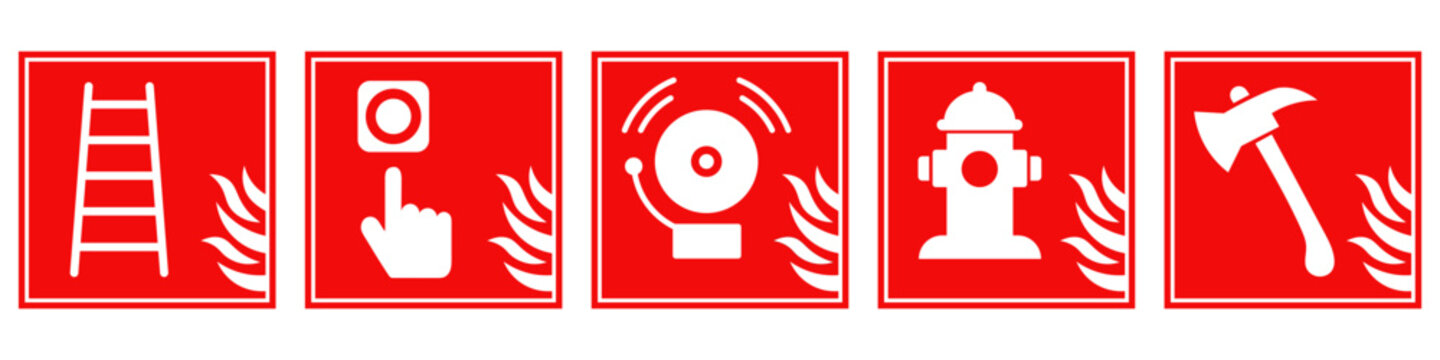 Five essential fire safety and emergency icons in red