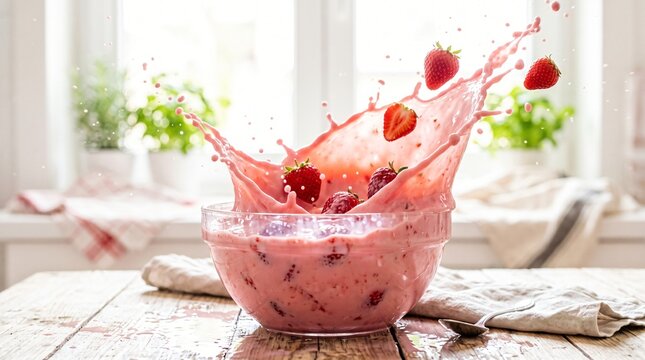 Glass Bowl Strawberry Milk Splash