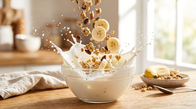 Granola and Banana Slices Milk Splash
