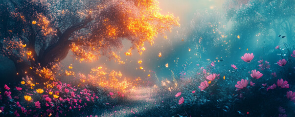 Fototapeta premium Fairytale Garden Path Illuminated by Sunset Glow