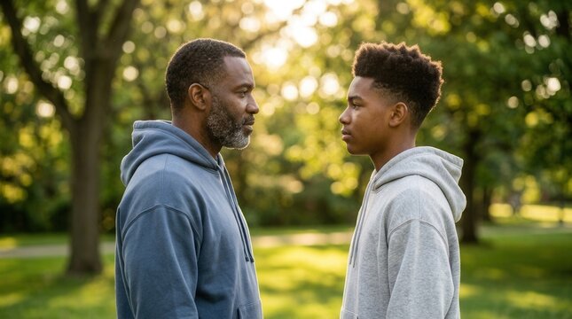 Father and son having serious conversation outdoors, discussing important matters, bonding and connecting