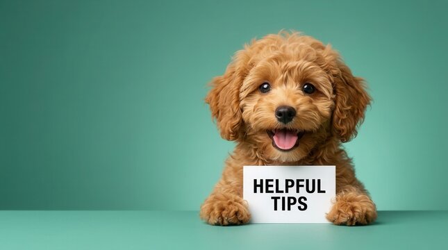 Cute dog holding a white card with helpful tips message and copy space.