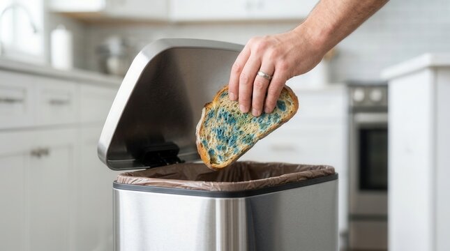 Hand disposing of a moldy bread loaf piece in a kitchen trash can, illustrating food waste and spoilage