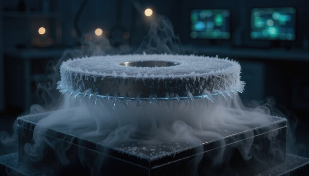 Frosty levitating superconductor disk laboratory vapor cryogenic experiment hover over dark glass platform with glowing blue light and scientific equipment