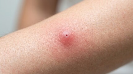 Fototapeta premium Inflamed insect bite on human skin showing redness and swelling from an allergic reaction or infection