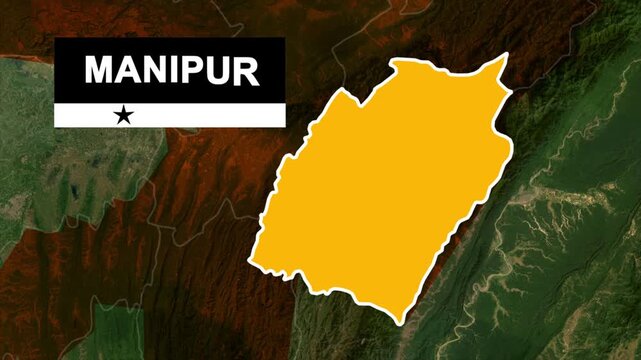 Manipur State Map Highlighted on Satellite Map of India, Manipur Geographic Map Highlighted in Yellow, Manipur India State Location Map with Satellite Background