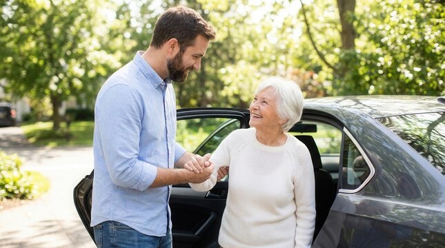 Younger man helping smiling elderly woman out of car, showing care and generations connecting
