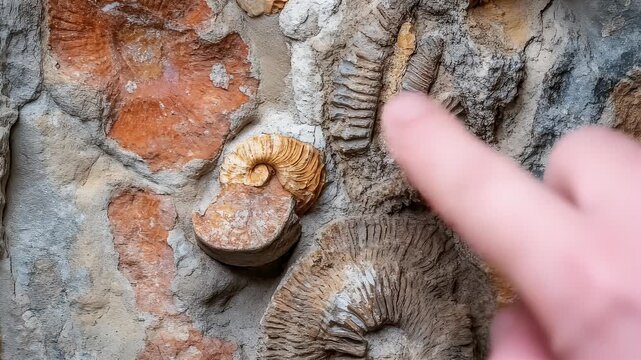Close-up of embedded fossils with a finger pointing