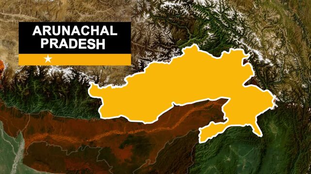 Arunachal Pradesh State Map Highlighted on Satellite Map of India, Arunachal Pradesh India State Location Map, Arunachal Pradesh Geographic Map Highlighted in Yellow