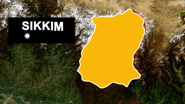 Sikkim State Map Highlighted on Satellite Map of India, Sikkim Geographic Map Highlighted in Yellow, Sikkim India State Location Map with Satellite Background